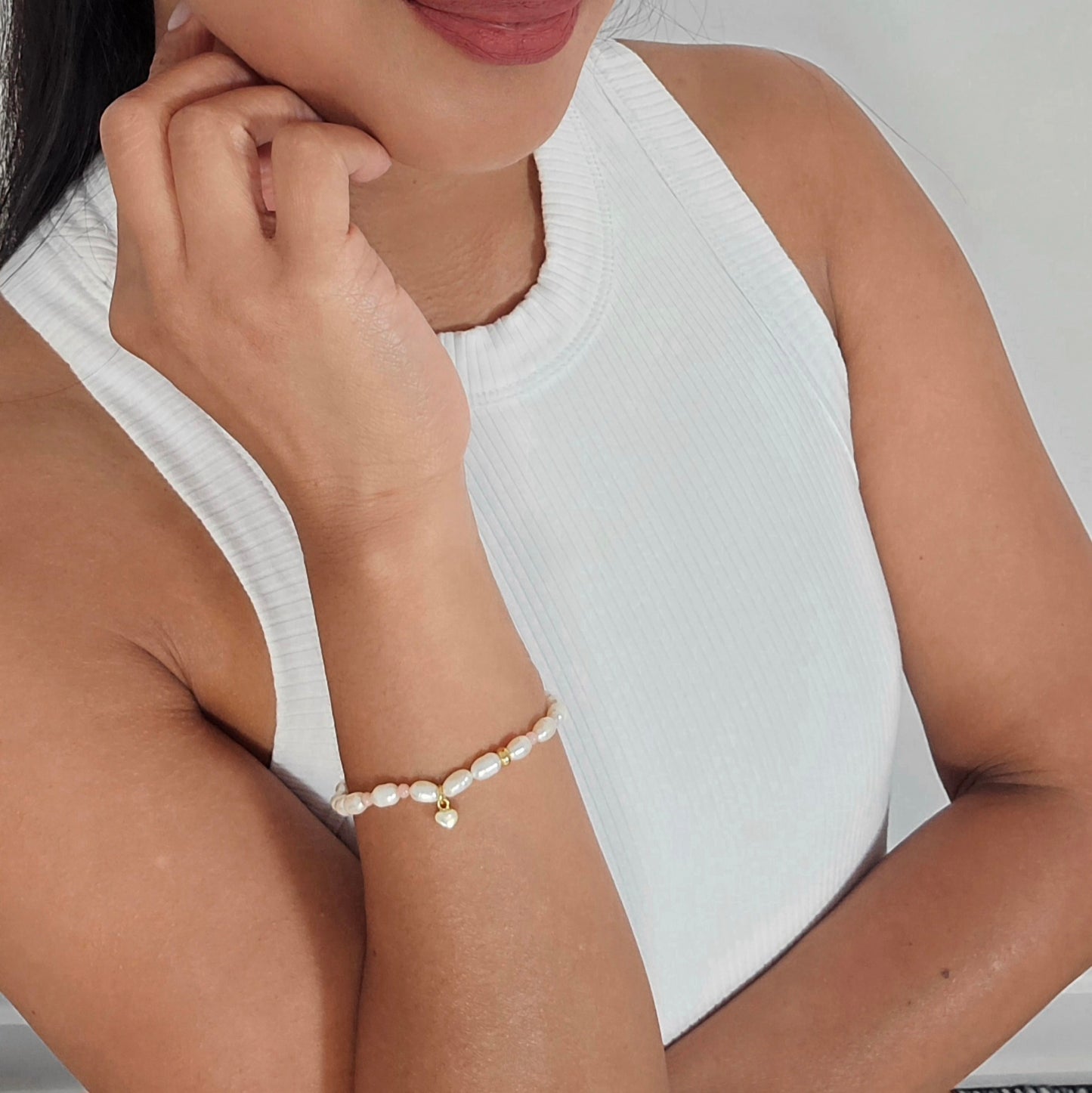 Freshwater Pearl with Coral Pink Enamel Bracelet