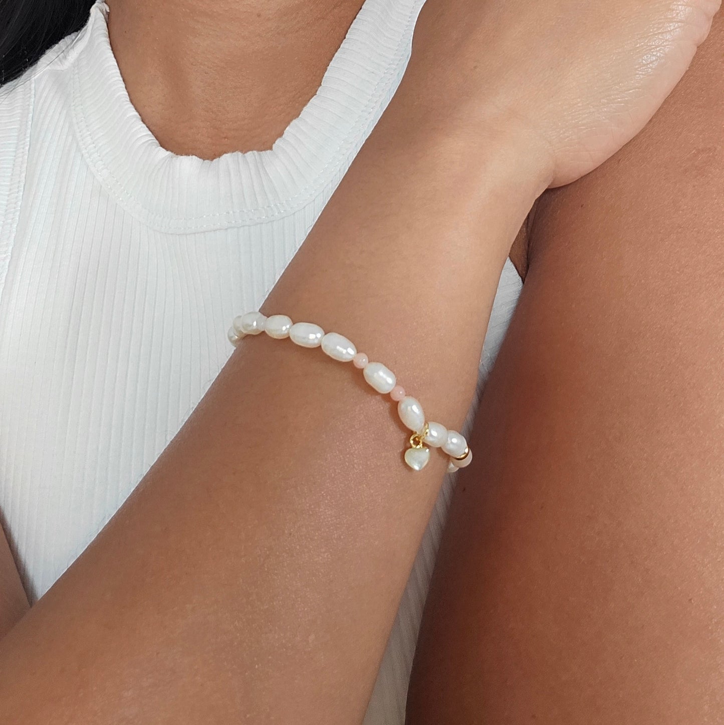 Freshwater Pearl with Coral Pink Enamel Bracelet