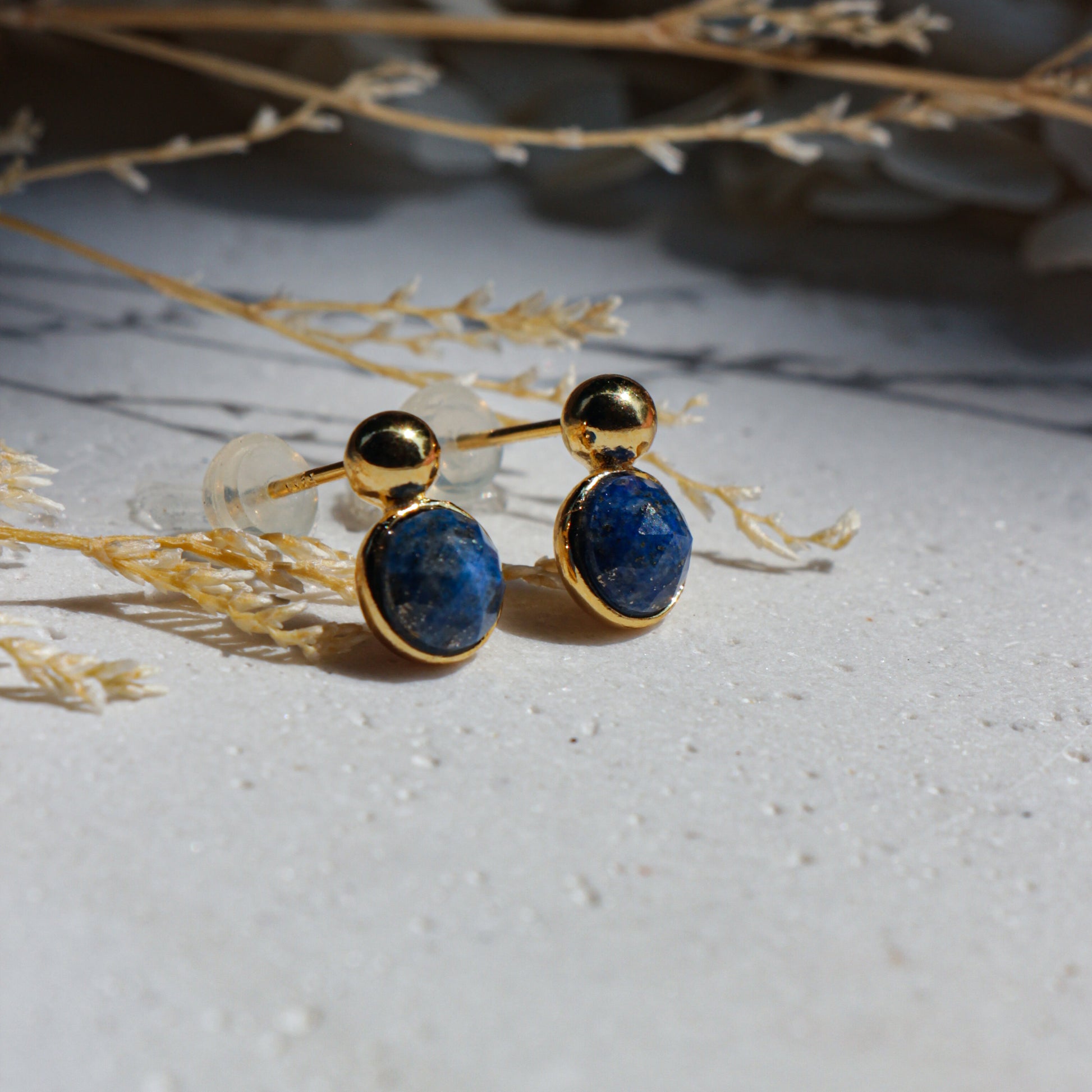 Gold earrings with blue stones on a textured surface with dried plants.