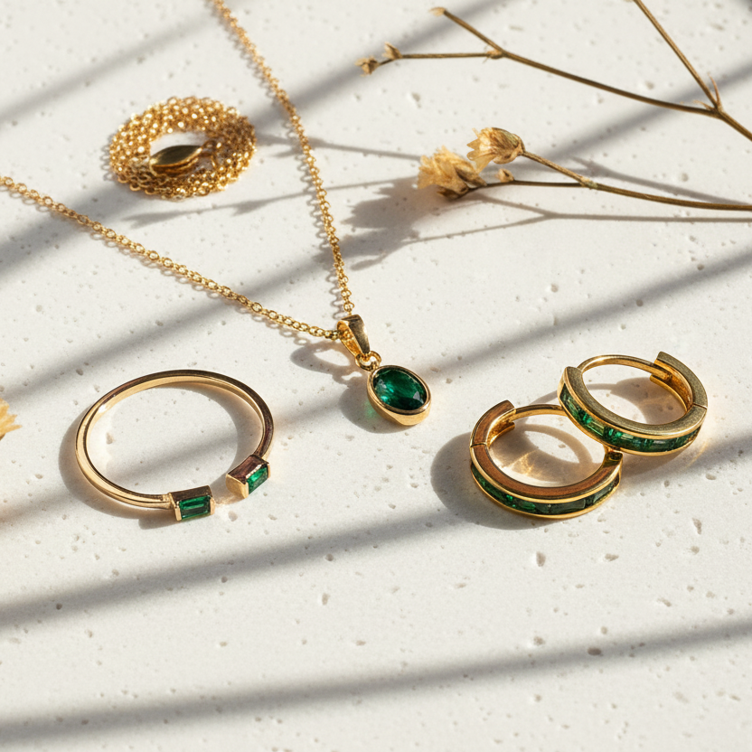 Emerald Green Ring, Necklace & Hoops