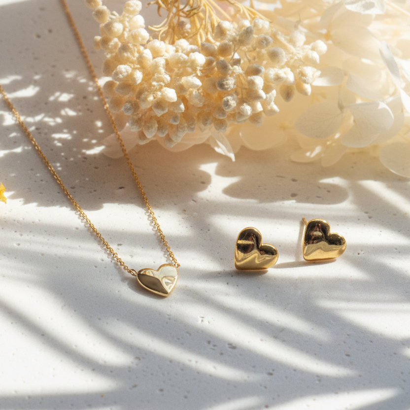 Gold Heart Necklace & Earrings